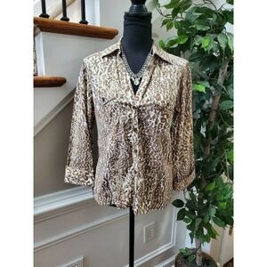 Wrinkle Free Women's Brown Rayon Long Sleeve Collared Down Casual Shirt Size 10